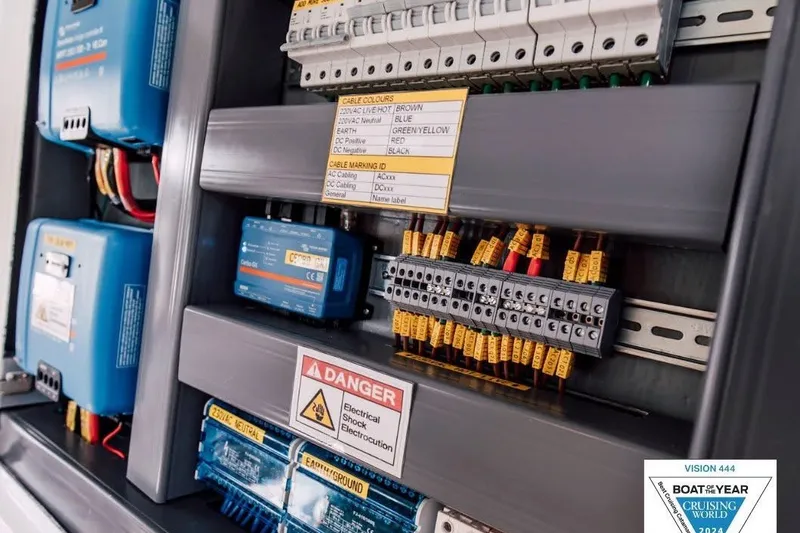 Slide: The Image of Electrical panel of Vision 444ES 2024 boat, featuring wiring and safety labels. - 36