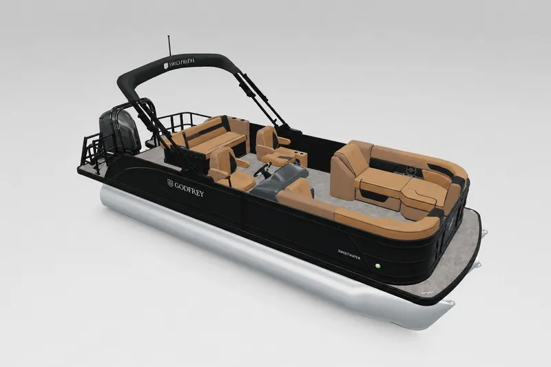 Slide: The Image of 2027 Godfrey Sweetwater 22' Tritoon with tan seating and sleek black design. - 23