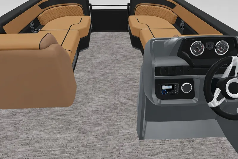 Slide: The Image of Interior view of 2027 Godfrey Sweetwater 22' Tritoon with tan seating and modern dashboard. - 27