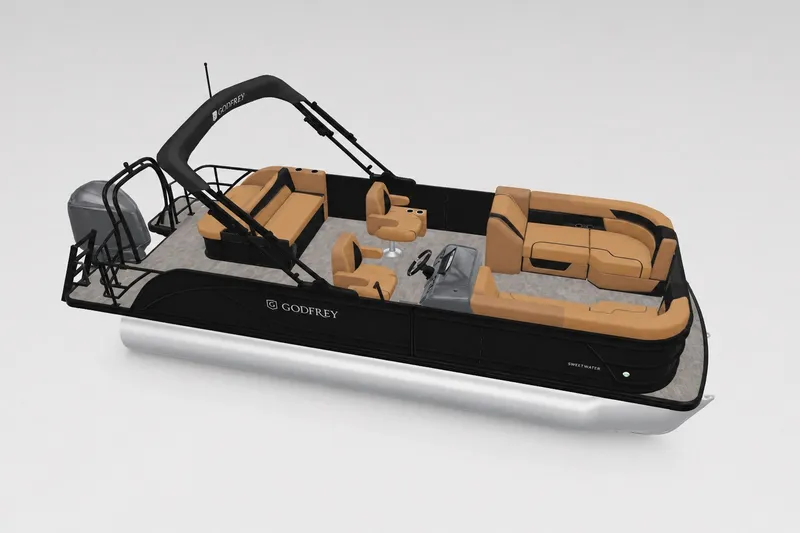 Slide: The Image of 2027 Godfrey Sweetwater 22' Tritoon with tan seating and sleek black design. - 24