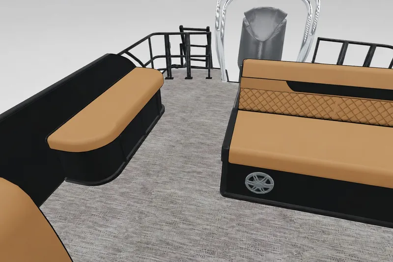 Slide: The Image of 2027 Godfrey Sweetwater 22' Tritoon interior with tan seating and modern design. - 29