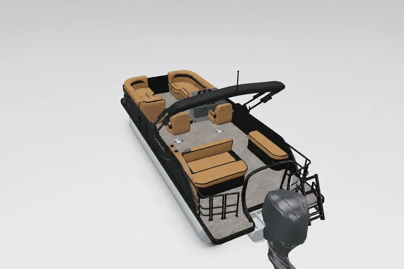 Slide: The Image of 2027 Godfrey Sweetwater 22' Tritoon with tan seating and black accents, rear view. - 25