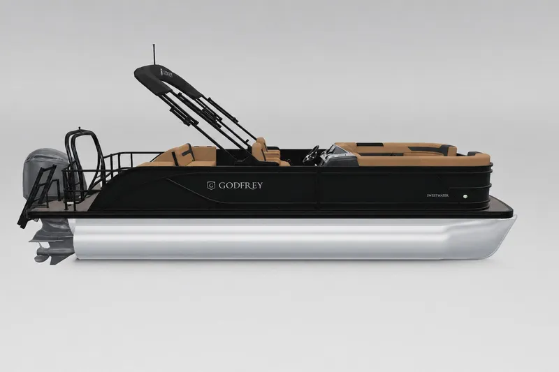 The Image of 2027 Godfrey Sweetwater 22' Tritoon boat, black exterior, tan seating, side view. - 21