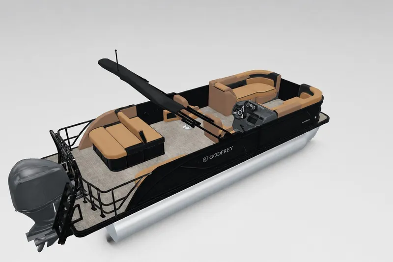 Slide: The Image of 2027 Godfrey Sweetwater 22' Tritoon with tan seating and black accents. - 22