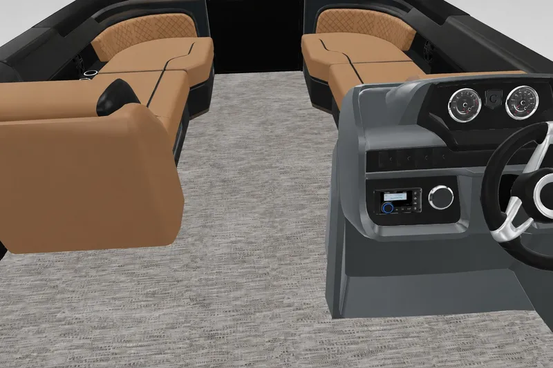 Slide: The Image of Interior view of 2027 Godfrey Sweetwater 22' Tritoon with tan seating and modern dashboard. - 39