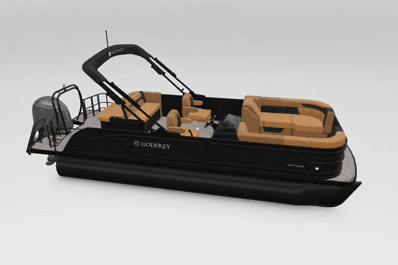 The Image of 2027 Godfrey Sweetwater 22' Tritoon with tan seating and sleek black design. - 31