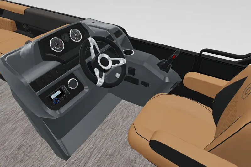 Slide: The Image of Interior view of 2027 Godfrey Sweetwater 22' Tritoon, featuring modern helm and tan seating. - 40