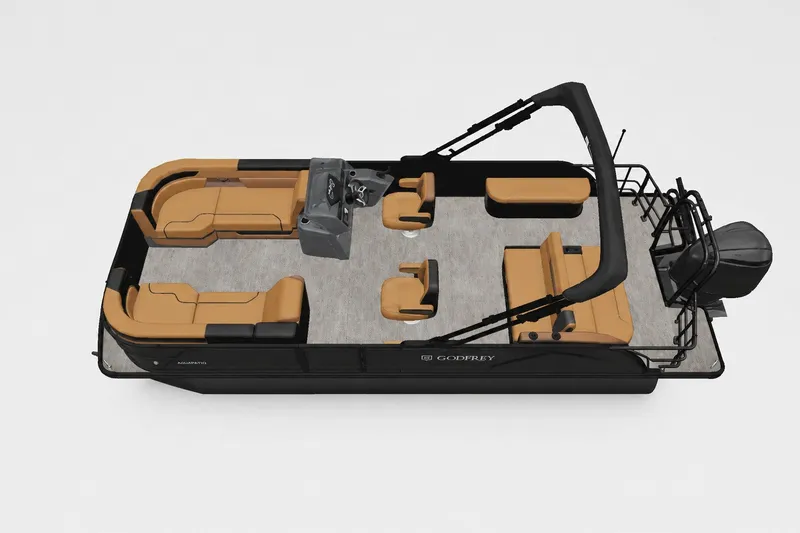 Slide: The Image of 2027 Godfrey Sweetwater 22' Tritoon with tan seating and sleek black frame. - 36
