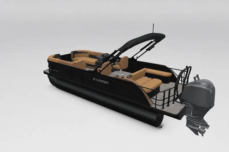 Slide: The Image of 2027 Godfrey Sweetwater 22' Tritoon with tan seating and black exterior. - 32