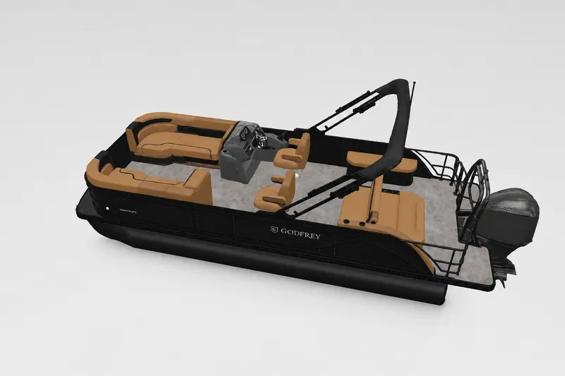 Slide: The Image of 2027 Godfrey Sweetwater 22' Tritoon with tan seating and sleek black design. - 38