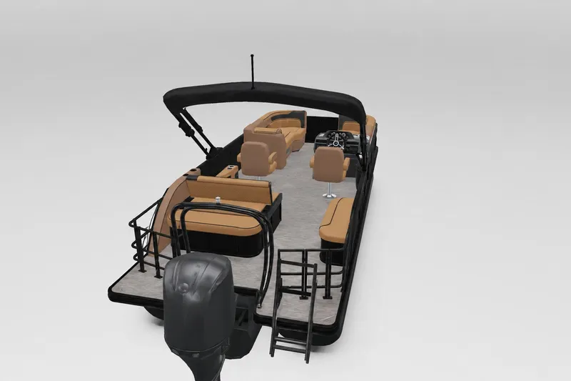 Slide: The Image of 2027 Godfrey Sweetwater 22' Tritoon with tan seating and black canopy, rear view. - 37
