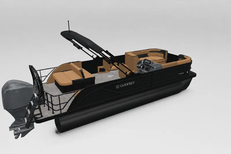 Slide: The Image of 2027 Godfrey Sweetwater 22' Tritoon with tan seating and sleek black design. - 33