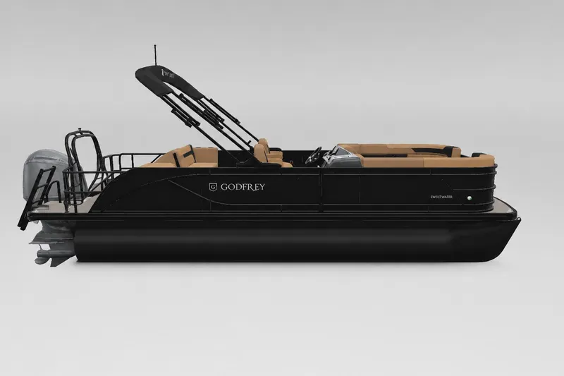 Slide: The Image of 2027 Godfrey Sweetwater 22' Tritoon boat with single flip lounge, side view. - 35