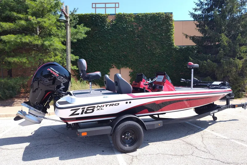 Slide: The Image of 2027 Nitro Z18 XL Pro boat with sleek design, parked outdoors. - 2