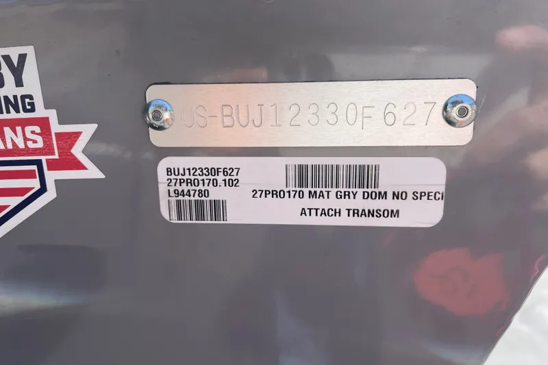 Slide: The Image of 2027 Tracker Pro 170 boat identification plate with serial number and barcode. - 40