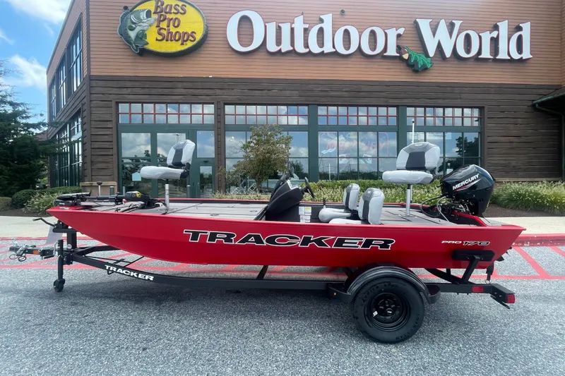 The Image of Red 2027 Tracker Pro 170 boat on trailer outside Bass Pro Shops Outdoor World. - 0