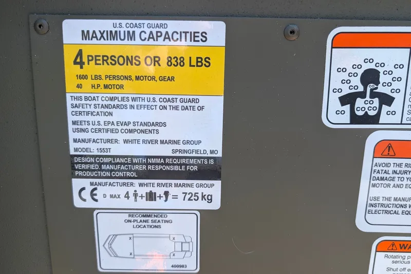 Slide: The Image of Tracker Grizzly 1553 Timber 2027 boat capacity label, U.S. Coast Guard standards, 4 persons, 838 lbs. - 16