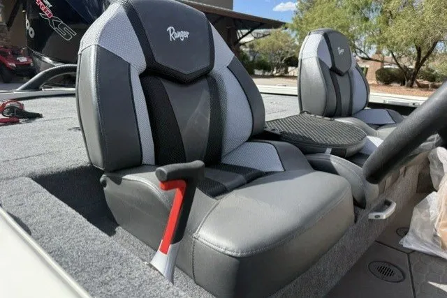 Slide: The Image of Ranger ALPHA 208 boat seats, 2026 model, featuring sleek gray and black design. - 5