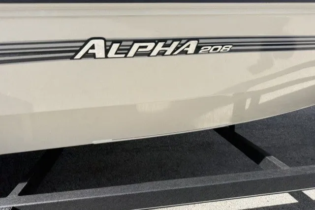 Slide: The Image of 2026 Ranger ALPHA 208 boat side view with model name displayed. - 3