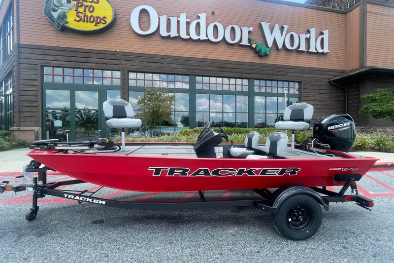 The Image of 2027 Tracker Pro 170 boat displayed outside Outdoor World store. - 0