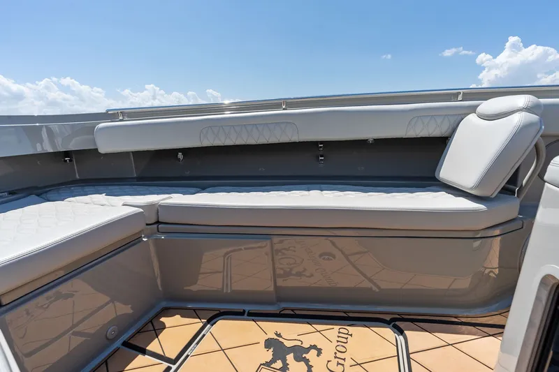Slide: The Image of Luxurious seating on 2023 HCB 42 Lujo boat, featuring elegant upholstery and sleek design. - 22
