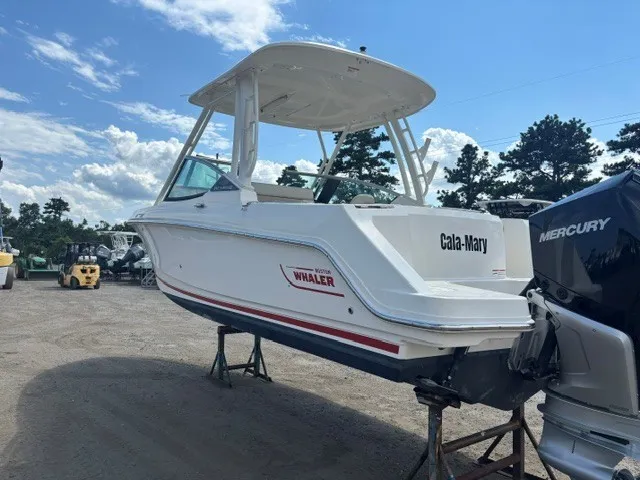 Slide: The Image of A Boston Whaler 240 Vantage boat on a stand, surrounded by trees and a blue sky. - 4