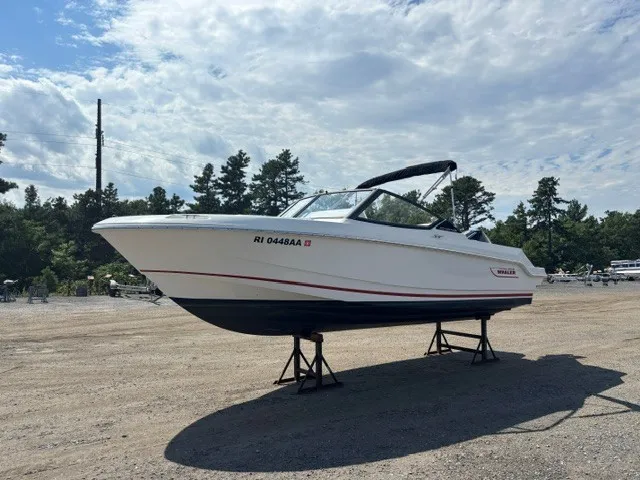Slide: The Image of Boston Whaler 210 Vantage 2025 on a stand, surrounded by trees and blue sky. - 2
