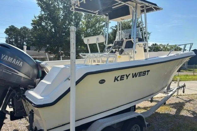 Slide: The Image of 2005 Key West 225 Center Console boat on trailer with Yamaha engine. - 2