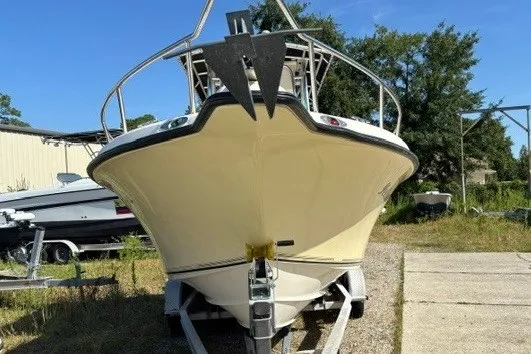 Slide: The Image of 2005 Key West 225 Center Console boat on trailer, front view, outdoors. - 4