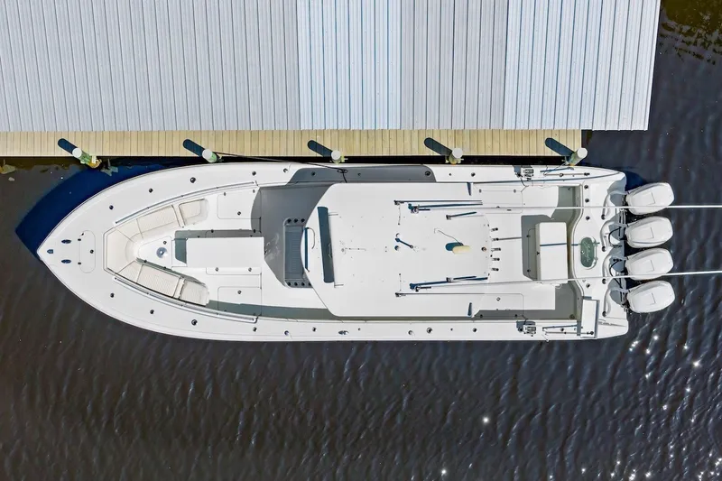 Slide: The Image of Aerial view of 2013 Yellowfin 39 Offshore boat docked at a marina. - 17