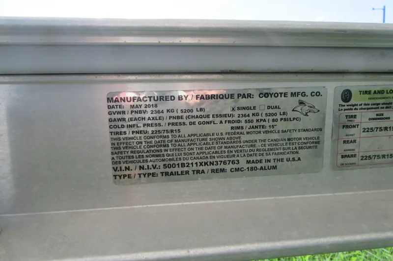 Slide: The Image of Label on a 2018 Robalo R180 Center Console trailer by Coyote Mfg. Co. - 6