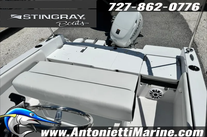 Slide: The Image of 2027 Stingray 17 CC boat interior with seating and motor, Antonietti Marine branding. - 15