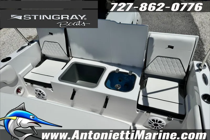 Slide: The Image of 2027 Stingray 17 CC boat interior with seating and storage, featuring Antonietti Marine branding. - 16