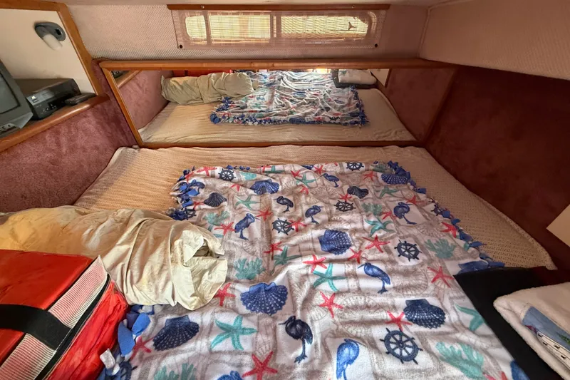 Slide: The Image of Cozy cabin interior of 1989 Sea Ray 340 Sundancer with nautical-themed bedding. - 30