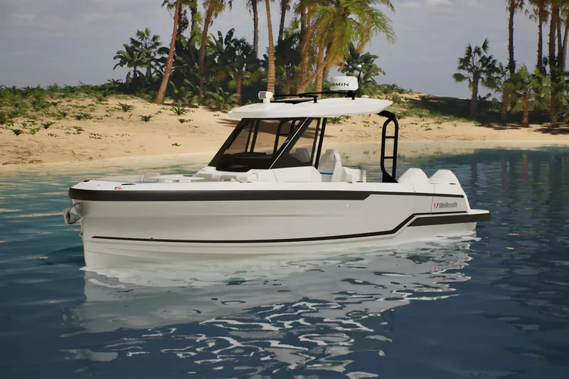 Slide: The Image of 2026 Wellcraft 28 T-Top boat on tropical water near sandy beach and palm trees. - 17
