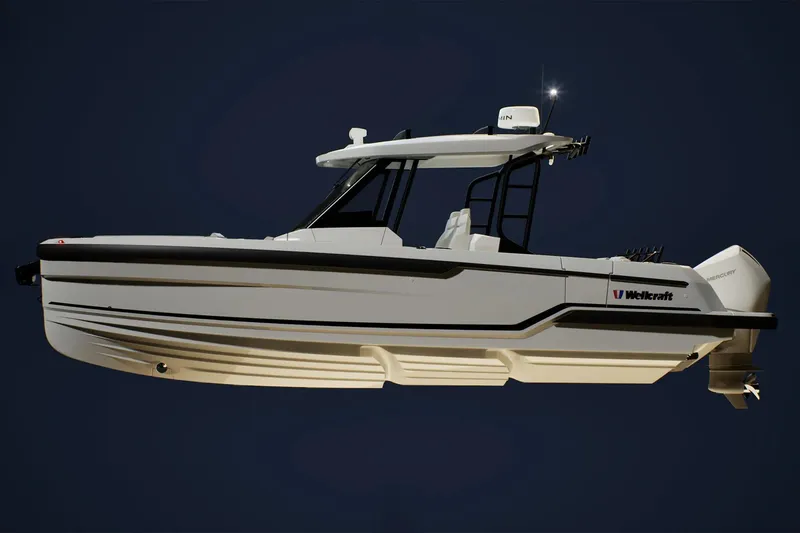 Slide: The Image of 2026 Wellcraft 28 T-Top boat with sleek design and modern features against a dark background. - 23