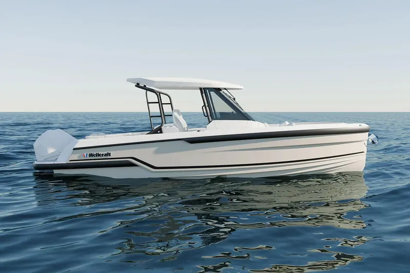 Slide: The Image of 2026 Wellcraft 28 T-Top boat on calm ocean waters. - 18