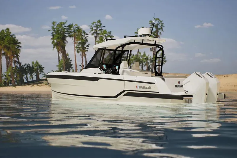 Slide: The Image of 2026 Wellcraft 28 T-Top boat on calm water near a tropical beach. - 19