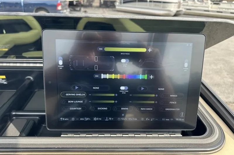 Slide: The Image of Touchscreen control panel of a 2026 Flamingo Rove 24' boat, displaying lighting and settings. - 33