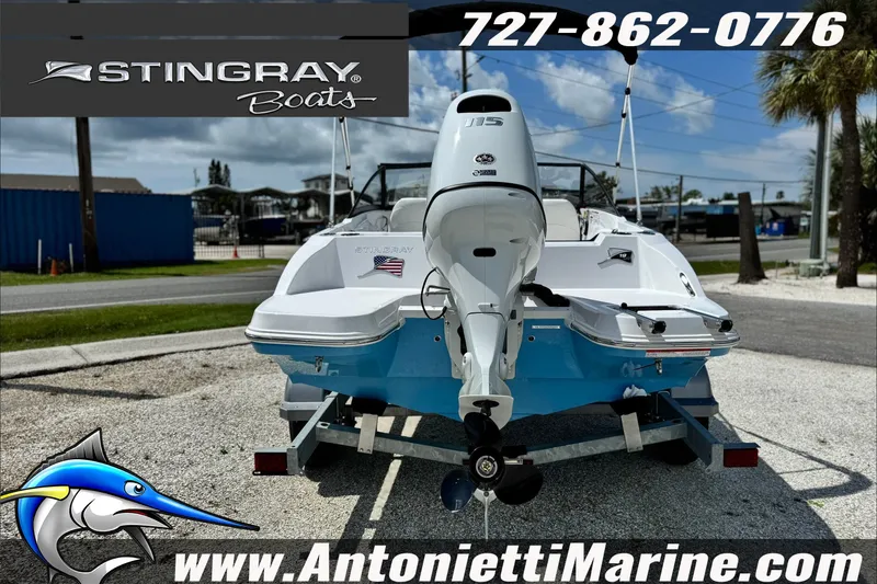 Slide: The Image of 2027 Stingray 19 DC boat with outboard motor, displayed at Antonietti Marine. - 8