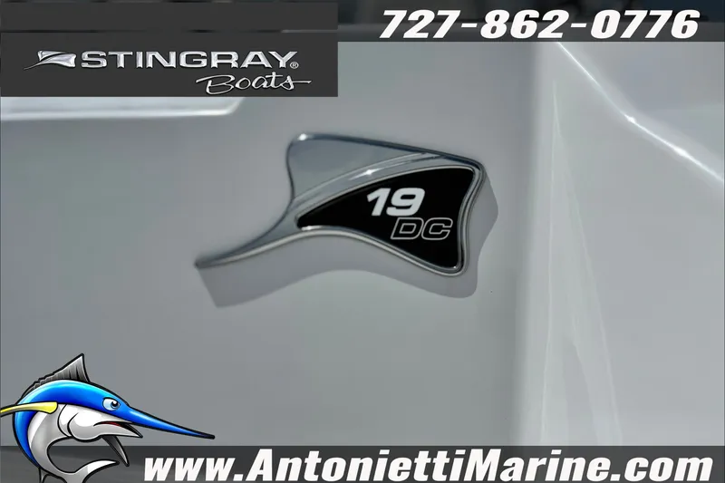 Slide: The Image of Stingray 19 DC boat emblem with contact details and website for Antonietti Marine. - 10