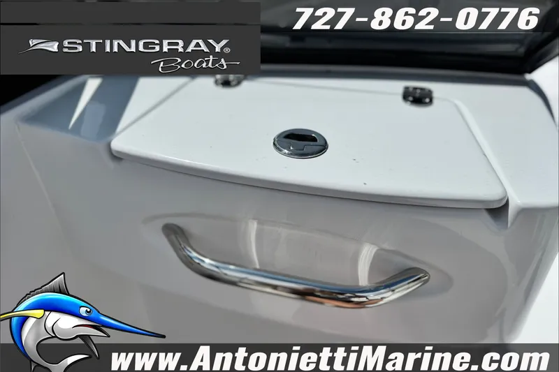 Slide: The Image of 2027 Stingray 19 DC boat detail with logo and contact information. - 19