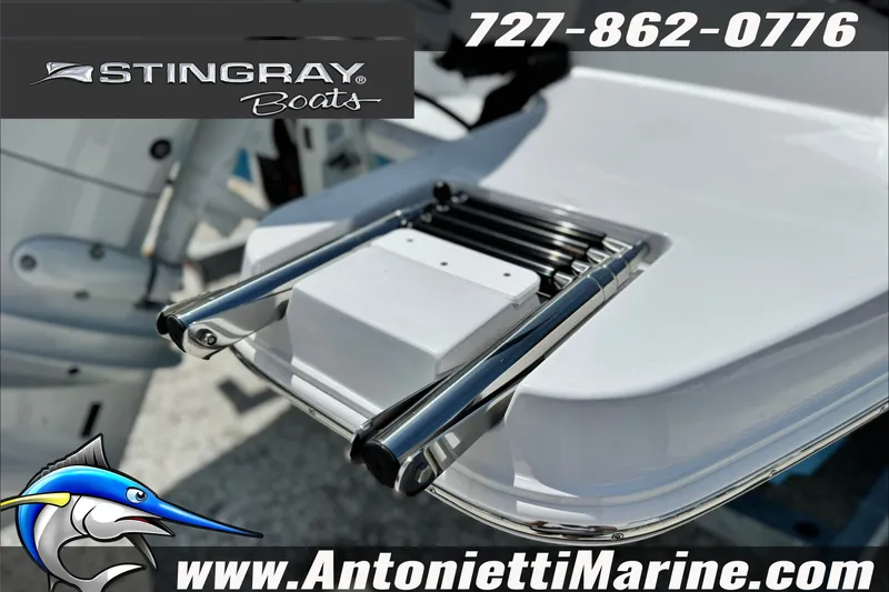 Slide: The Image of Stingray 19 DC 2027 boat ladder detail with contact information and logo. - 9