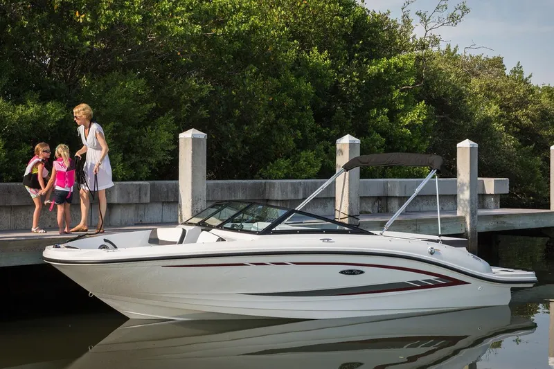 The Image of Manufacturer Provided Image: 2018 Sea Ray SPX 190 boat docked near a family on a pier. - 1