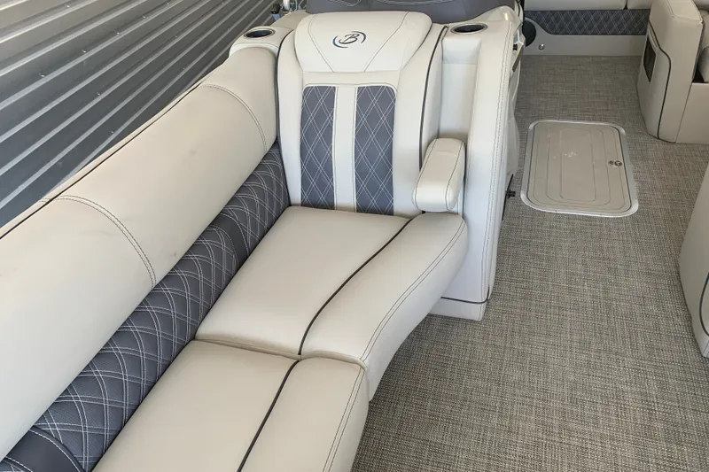 Slide: The Image of Luxurious seating in 2022 Barletta LUSSO 25U pontoon boat with elegant upholstery design. - 18
