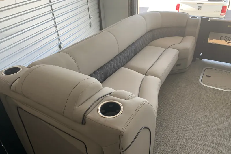 Slide: The Image of Luxurious seating in 2022 Barletta LUSSO 25U pontoon boat interior. - 14