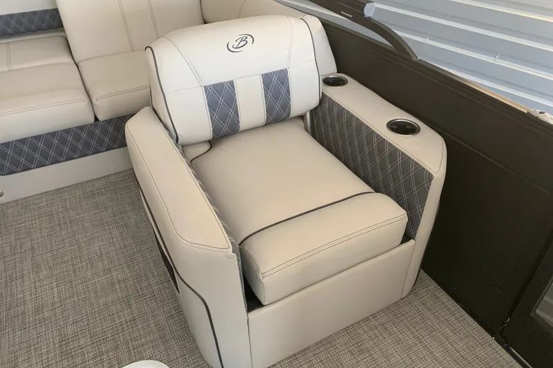 Slide: The Image of Luxurious seating on 2022 Barletta LUSSO 25U pontoon boat with cup holders. - 9