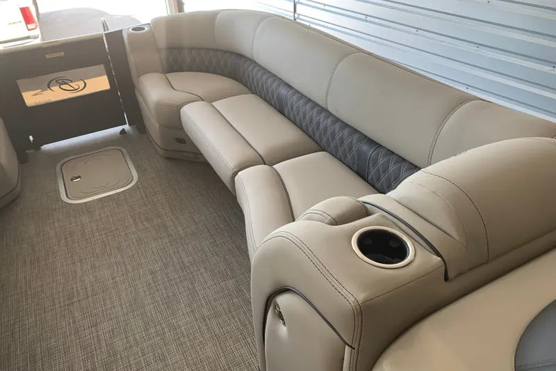 Slide: The Image of Luxurious interior of 2022 Barletta LUSSO 25U pontoon boat with plush seating. - 13