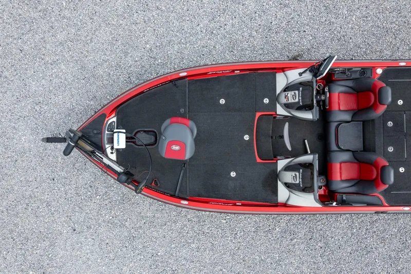 Slide: The Image of 2009 Ranger Z520 Comanche boat, aerial view, red and black design, dual seats, fishing setup. - 46