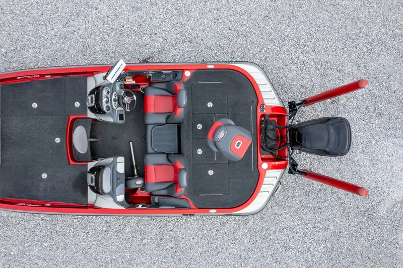 Slide: The Image of 2009 Ranger Z520 Comanche boat interior, red and black seating, overhead view. - 47